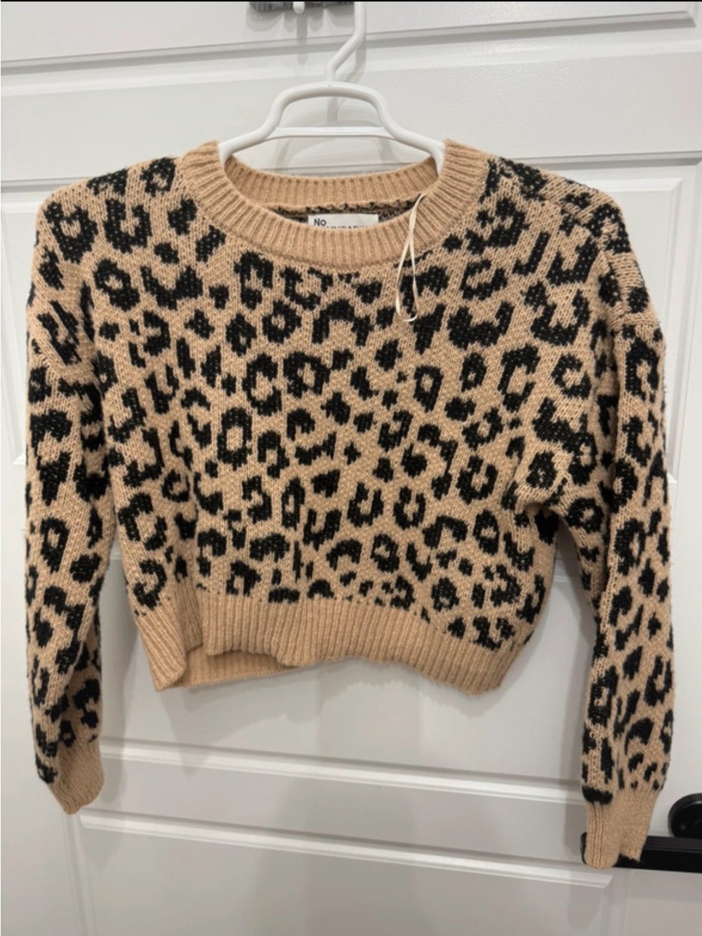No Boundaries Leopard Print Crewneck Sweater - Beige/Black
